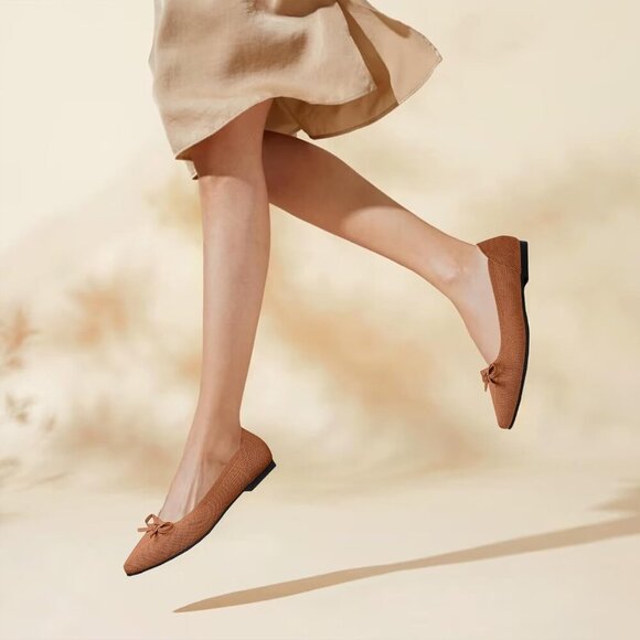 🆕Women Brown Knit Flats Pointed Toe Bow Ballet Shoes Comfortable Dressy Slip On - Picture 5 of 6